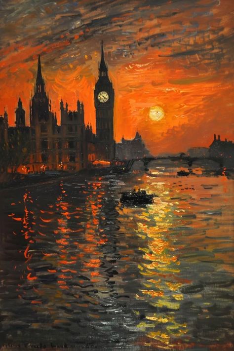 Midjourney AI Image: London Cityscape Skyline at night, reflections in thames, By Claude Monet --ar 2:3 → more in ai-img-gen.com London City View, London Cityscape, London Skyline, Houses Of Parliament, River Thames, Clock Tower, London City, Stand Tall, Christmas Carol