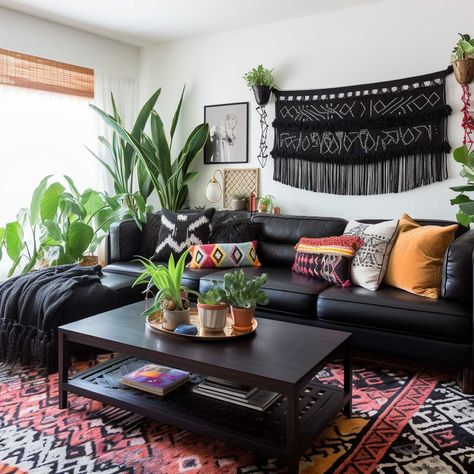 Living Room Rugs Black Couch, Black Sofa Set Living Room, Black Couch With Colorful Pillows, Home Decor Ideas Living Room Black Leather Couch, Earth Tone Living Room Black Couch, Living Room Inspiration Black Leather Couch, Colorful Living Room Black Couch, Black Couch Rug, Living Room Designs Black Sofa