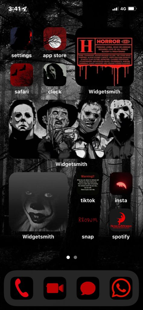 Horror Ios14 Homescreen, Horror Iphone Icons, Fall Iphone Theme Ideas, Scary Homescreen, Horror Movie Laptop Wallpaper, Scream App Icons, Horror Phone Theme, Halloween Homescreen Layout, Horror Homescreen