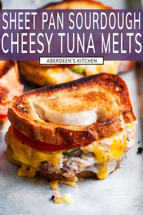 The easiest, cheesiest sheet pan sourdough tuna melts ever! Broiled in just 5 minutes with cheddar and provolone cheeses on sourdough bread, this recipe is sure to become a weeknight family favorite. From aberdeenskitchen.com #sheetpan #sourdough #tunamelts #sandwich #recipe #familyfriendly #seafood #pescatarian #weeknight #dinner #lunch Tuna Melt On Sourdough Bread, Sourdough Bread Lunch Ideas, June Recipes, Tuna Fish Sandwich, Tuna Melt Sandwich, Tuna Melt Recipe, Sourdough Rolls, Melt Recipe, Tuna Melt