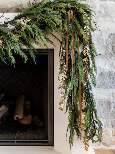 Winter Fall Decor, Christmas Mantel Garland Michaels Stores, Christmas Mantle Garland One Side, Christmas Classy Decor, Decorated Christmas Garland, Mantel Garland Christmas Diy, Natural Garland Christmas, Garland Archway Christmas, Arhaus Christmas