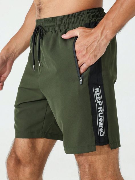 Men Letter Graphic Contrast Side Seam Drawstring Waist Sports Stretchy Shorts Summer Shorts Army Green    Fabric Letter  Non-Stretch  Men Activewear, size features are:Bust: ,Length: ,Sleeve Length: Sport Streetwear, Men Activewear, Stretchy Shorts, Brand Ideas, Fabric Letters, Streetwear Men, Outdoor Men, Shorts Summer, Mens Activewear