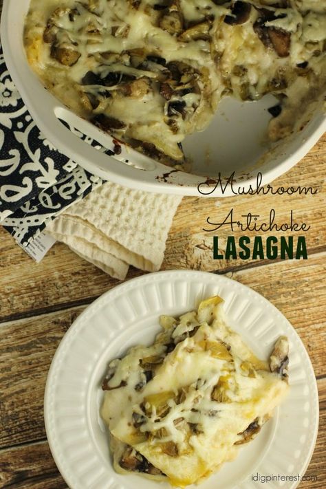 Mushroom Artichoke Lasagna - I Dig Pinterest Mushroom Artichoke, Artichoke Lasagna, Chicken Lasagne, White Lasagna, Mushroom Lasagna, Baked Lasagna, Vegetarian Main Dishes, White Mushrooms, Red Tomato