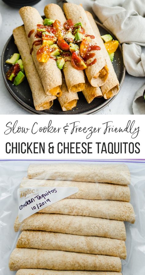 Slow cooker chicken and cheese taquitos is a delicious meal that the whole family will love! Be sure to make a double batch for the freezer. Then, you can pull out however many you want and throw them directly in the oven for a quick weeknight dinner. #easydinner #weeknightmeal #chickenrecipe #slowcooker #slowcookerrecipes #freezermeal #freezerfriendly #kidfriendly #freezercooking #freezermeals #slowcookermeal #slowcookerrecipe #crockpot #crockpotrecipe #crockpotchicken Kid Friendly Freezer Meals, Chicken And Cheese Taquitos, Cheese Taquitos, Vegetarian Freezer Meals, Thriving Home, Gourmet Chicken, Chicken And Cheese, Freezable Meals, Healthy Freezer Meals