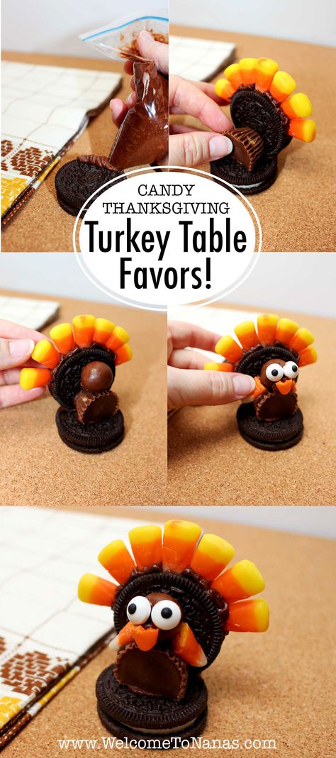 These adorable Thanksgiving Candy Turkey Table Favors add a fun touch to each plate! | Welcome to Nana's #thanksgiving #turkey #table #placesetting #diy #candy #favors #welcometonanas Turkey Decorations Diy, Thanksgiving Candy Crafts, Thanksgiving Table Favors, Candy Turkeys, Thanksgiving Food Crafts, Candy Table Decorations, Turkey Table, Thanksgiving Candy, Thanksgiving Party Favors