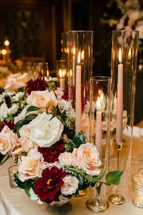 Taper Candle Centerpiece, Dahlia Centerpiece, Gold And Burgundy Wedding, Blush Wedding Centerpieces, Gold Candlesticks, Gold Wedding Centerpieces, Romantic Centerpieces, Burgundy And Blush Wedding, Rose Gold Theme