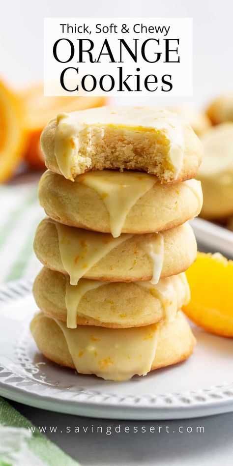 Our thick, soft and chewy fresh Orange Cookies are drizzled with an orange icing but have a sugar cookie vibe. They're loaded with fresh orange juice and zest. #orangecookies #orangecookierecipe #orange #cookierecipe Amish Orange Cookies, Soft Orange Cookies With Icing, Desserts With Mandarin Oranges, Ginger Orange Cookies, Orange Juice Recipes Desserts, Orange Zest Cookies, Orange Spice Cookies, Italian Orange Cookies, Orange Baked Goods