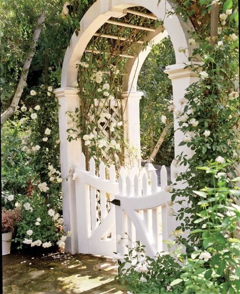 For a majestic garden gate, try a white barreled archway. Terrace Cover, Arsitektur Kolonial, Garden Archway, Garden Gate Design, Shade Sails, Garden Vines, Garden Arbor, Cottage Garden Design, Garden Entrance