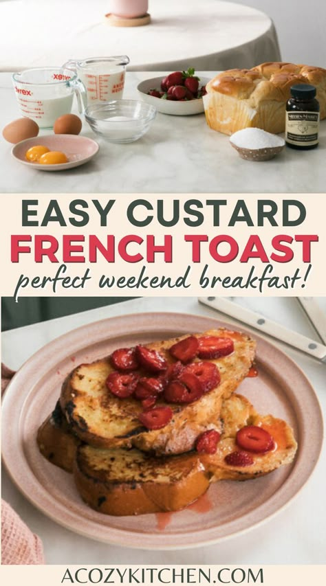 This Custard French Toast with Macerated Strawberries is the most delicious weekend breakfast. Making a custard–which can be made ahead–elevates this breakfast favorite into something magical! The custard is similar to the base of ice cream. Some people might nickname this type of French toast “Ice Cream French Toast.” #sweetbreakfast #brunchrecipes Custard Dipped French Toast, French Toast With Custard, Custardy French Toast, Overnight Custard French Toast, Puffy French Toast, Custard For French Toast, Strawberry Sauce For French Toast, Omg French Toast Snooze, French Toast With Heavy Cream