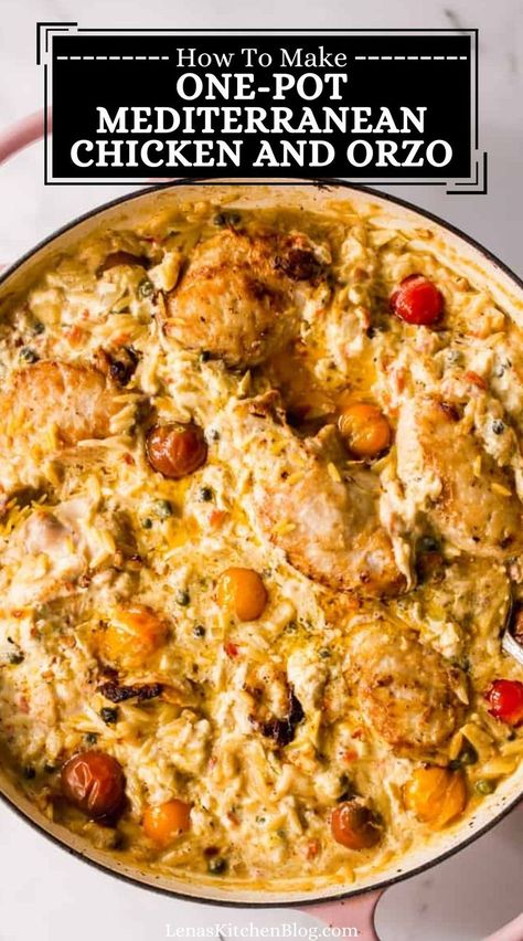 Mediterranean Chicken And Orzo, Creamy Orzo Recipes, Mediterranean Chicken Pasta, Stuffed Chicken Thighs, Chicken And Orzo, Mediterranean Recipes Healthy, Braised Chicken Thighs, Orzo Recipes, Mediterranean Chicken