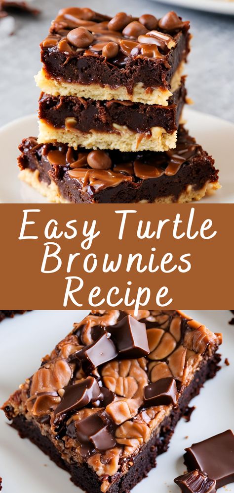 Layered Brownie Recipes, Turtle Brownies Recipe, Turtle Candy, Turtle Recipe, Caramel Recipe Easy, Vegetarian Brownies, Pecan Brownies, Turtle Brownies, Cocoa Powder Cookies