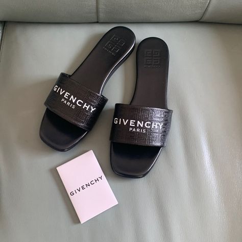 Givenchy 4G Monogram Flat Slide Sandals Givenchy Sandals, Denim Sandals, Givenchy Shoes, Givenchy Paris, Givenchy Women, Black Leather Sandals, Jelly Sandals, Womens Slides, Goat Leather