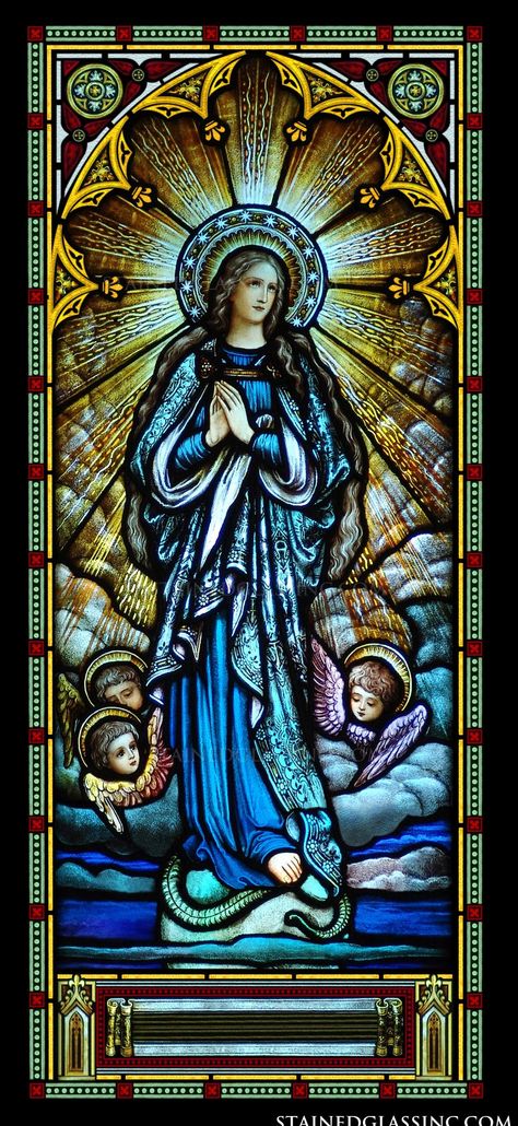 Catholic Church Stained Glass, Stained Glass Tattoo, Mother Mary Pictures, Stained Glass Windows Church, Virgin Mary Art, Church Window, Stained Glass Church, Stained Glass Angel, Jesus And Mary Pictures