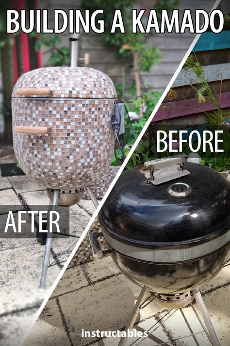 Daneasch shares how to do a Weber grill conversion to build a Kamado. #Instructables #workshop #outdoors #backyard #BBQ Home Made Bbq Grills, Weber Kettle Grill Table, Diy Bbq Grill, Weber Grill Table Diy, Barbecue Diy, Weber Grill Table, Outdoor Grill Diy, Bbq Diy, Backyard Grill Ideas