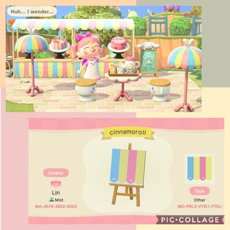 Stall Qr Code Animal Crossing, Cute Stall Design Animal Crossing, Acnh Cinnamoroll Custom Design, Cinnamoroll Acnh Design, Acnh Cafe Design Code, Acnh Sanrio Cafe, Acnh Cinnamoroll Cafe, Acnh Ice Cream Stall Design, Stall Codes Acnh