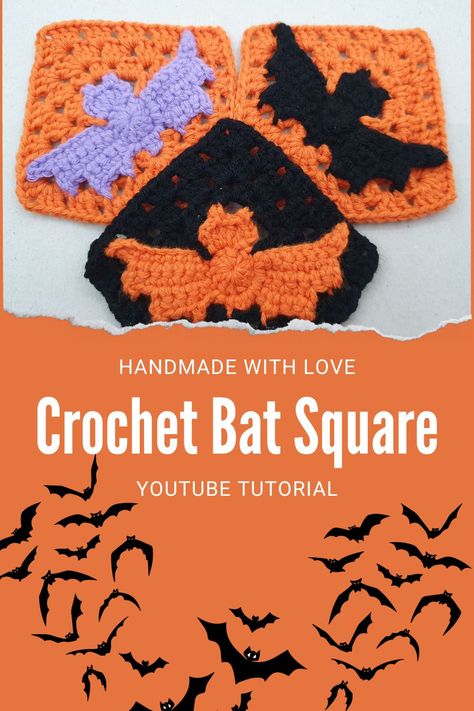 Goth Crochet Granny Square, Bat Granny Square Pattern, Halloween Granny Square Crochet Free, Bat Granny Square, Halloween Granny Square Crochet, Crochet Halloween Pillow, Halloween Granny Square, Crochet Diys, Bat Applique