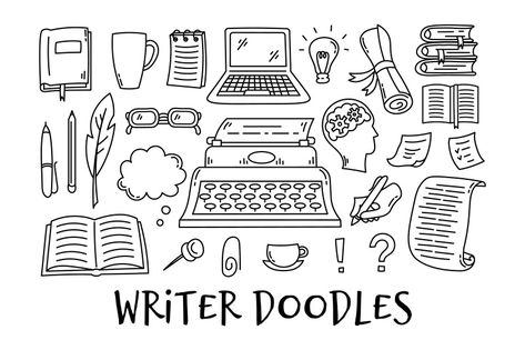 Black hand-drawn line art elements for writer, student, education, library, bookstore design. Book, writing symbols, signs, icons in trendy doodle style. Sketchy vector illustration. Writer Doodle, Library Doodle, Writing Doodles, Writing Symbols, Books Journal, Easy Pictures To Draw, Bookstore Design, Black Line Art, Pen Doodles