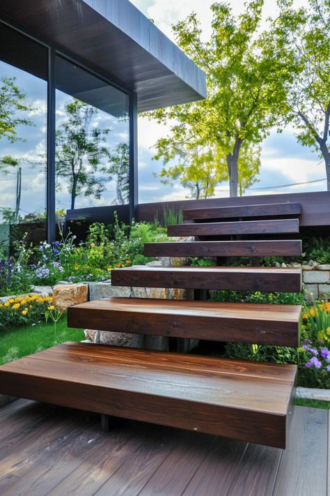 Can stairs float? These modern floating timber deck stairs sure make it feel that way! I love their light and airy vibe, which pairs perfectly with open spaces and garden views. Whether you choose wood, stone, or concrete, these stairs add a sleek, minimalist touch. Don’t miss the chance to explore this stunning deck stair idea for your backyard. Floating Timber Stairs, Modern Wood Deck, Wood Deck Steps, Steps Landscape, Stair Idea, Floating Steps, Timber Stair, Stair Ideas, Deck Steps