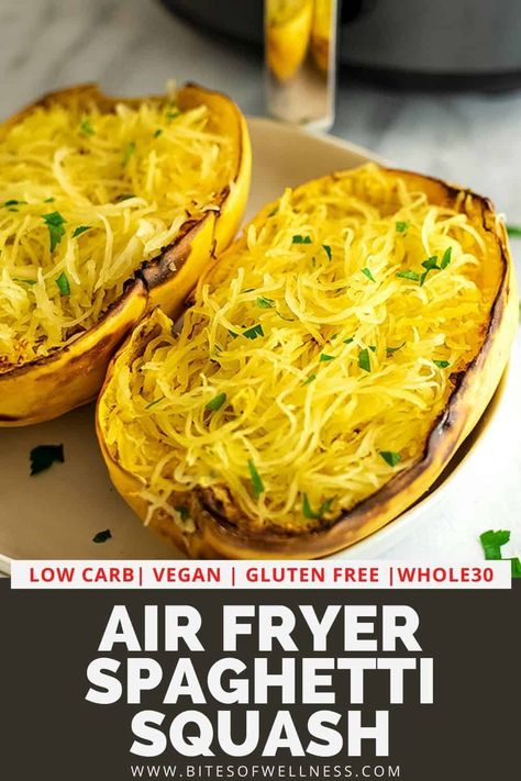 Air fryer spaghetti squash -Gluten free, vegan, Whole30, keto.- A quick and easy way to make perfect spaghetti squash every time. Using the air fryer to cook spaghetti squash is never mushy or overcooked and it makes the best low carb pasta noodles! Spaghetti Squash Tots, Low Carb Pasta Noodles, Air Fryer Spaghetti Squash, Air Fryer Spaghetti, Air Fryer Recipes Gluten Free, Perfect Spaghetti, Easy Spaghetti Squash, Spaghetti Squash Recipes Easy, Healthy Summer Dinner Recipes