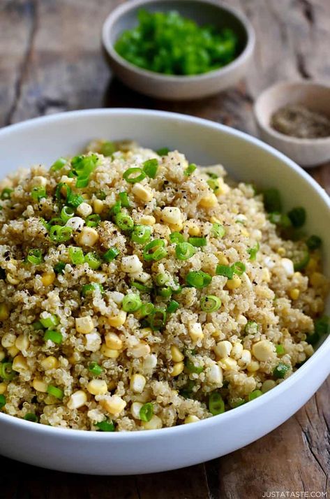 If you’re looking for an easy, healthy summertime side, the search is over. This Quinoa with Corn and Scallions showcases the best of the season and features many ingredients you likely already have in your pantry. Season Quinoa, Warm Bacon Dressing, Homemade Honey Butter, Corn Pancakes, Quinoa Dishes, Recipes Savory, Avocado Dressing, Chicken Steak, Hormone Balance