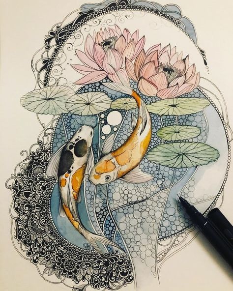 Akansha Singh, Mandala Zentangle, Handlettering Calligraphy, Koi Art, Zentangle Artwork, Mandala Art Lesson, Tangle Art, Mandala Artwork, Fish Drawings