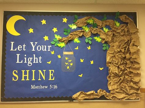 Let Your Light Shine Jesus Bulletin Board: Used Cricut Air Machine for Mason Jar, lightening bugs, moon, letters, & most of the leaves. November Bulletin Boards For Preschool, Bulletin Boards For Preschool, Jesus Bulletin Boards, Sunday School Classroom Decor, November Bulletin Boards, Class Bulletin Boards, Christian Bulletin Boards, Sunday School Decorations, Preschool Boards