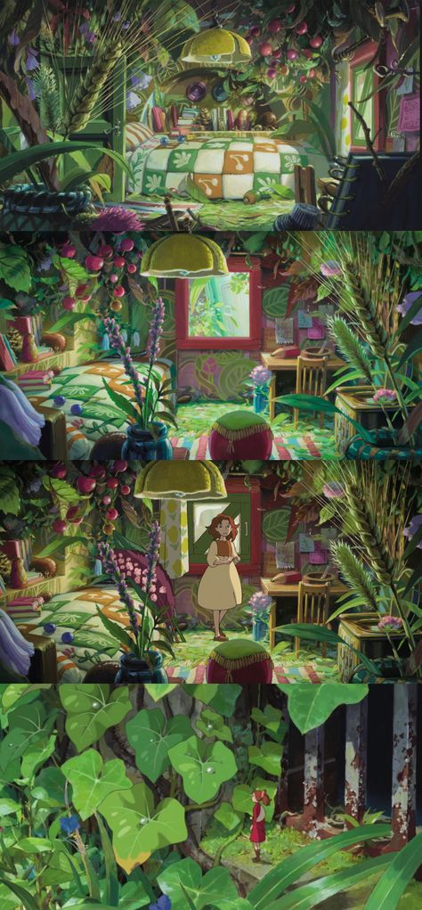 Arrietty Bedroom Stills Arrietty Bedroom Aesthetic, Arriety Ghibli Bedroom, Studio Ghibli Art Arrietty, Studio Ghibli Wallpaper Arrietty, Arrietty House Interior, Ariety Studio Gibli, Arrietty Landscape, Studio Ghibli Secret World Of Arrietty, Arrietty Screencaps