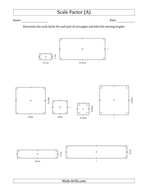 The Determine the Scale Factor Between Two Rectangles and Determine the Missing Lengths (Scale Factors in Intervals of 0.5) (A) Math Worksheet Scale Factor, Geometry Proofs, Map Skills Worksheets, 7th Grade Math Worksheets, Scale Drawings, Unit Rate, Geography Worksheets, Geometry Worksheets, Math Interactive