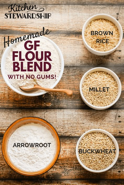 How to Make a 100% Whole Grain Gluten-free Flour Blend (Gum Free!): Mix your own flours or mill whole grains into a homemade gluten-free flour blend for baking, bread, pancakes and more. 100% whole grain option with NO starch and NO gums, plus another easier GF mix recipe, also gum-free. #cleaneatingrecipes #realfood Gf Flour Blend, Bread Pancakes, Healthy Flour, Gluten Free Flour Mix, Gf Flour, Gluten Free Flour Blend, Homemade Gluten Free, Gluten Free Grains, Whole Grains