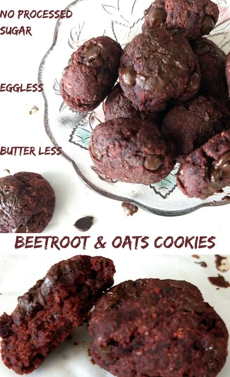 Eggless, Butterless,No Processed Sugar this BeetRoot Oats Cookies are a healthy munching snack or a dessert, made with Oats, Jaggery, BeetRoot, Cocoa powder, Chocolate chips etc.  Vegan|Eggless|Butterless|Healthy|Cookies|BeetRoot Cocoa Powder Chocolate, Oats Cookies, Beautiful Baking, Beetroot Recipes, Cheap Vegan, Friends Recipes, Beet Root, Cookies Ideas, Beetroot Powder