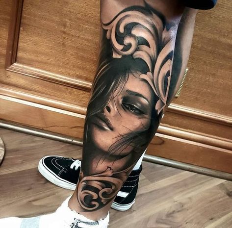 Upper Leg Tattoos, Best Leg Tattoos, Tattoo Off, Mary Tattoo, Girl Face Tattoo, Girls With Sleeve Tattoos, Leg Tattoo Men, Leg Sleeve Tattoo, Calf Tattoo