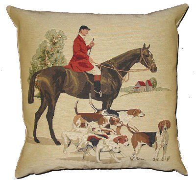 Fox Hunter with Dogs Cushion Cover BelgianTapestries Fox Hunting Decor, Equine Decor, Equestrian Home Decor, English Foxhound, Walker Coonhound, Tartan Ribbon, Patterdale Terrier, Equestrian Home, European Decor