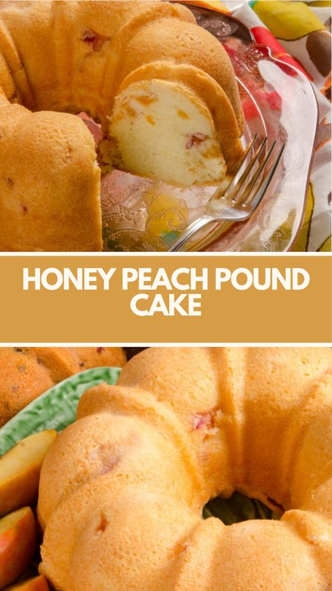 Honey Peach Pound Cake recipe made of ripe peaches, honey, flour, and butter serve 6 takes about 1 hour to prepare and bake. This delightful cake is moist, flavorful, and perfect for summer gatherings or as a sweet afternoon treat. Peach And Cream Cake, Peach Honey Recipe, Peach Cake Recipe Easy, Easy Peach Desserts, Peach Pound Cake Recipe, Peaches And Cream Cake Recipe, Peach Cake Recipe, Peach Pound Cake, Peach Cake Recipes