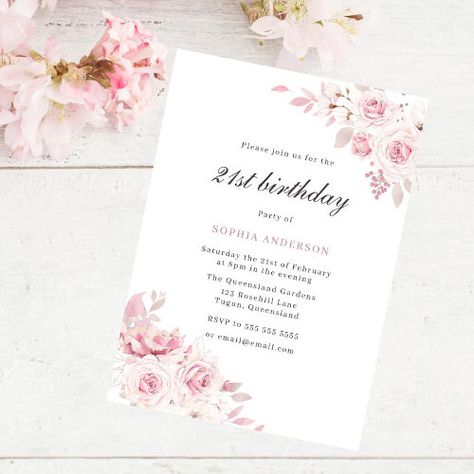 $2.95 | Gentle Blush Elegant Flowers 21st Birthday Party - blush, pink, elegant, floral, roses, watercolor flowers, 21st birthday, 21st birthday party, twenty first, womans 21st Trendy Invitations, Birthday 21st, 95 Birthday, 80th Birthday Invitations, 21st Birthday Party, Roses Watercolor, Bday Invitations, 21st Birthday Invitations, Birthday Party 21