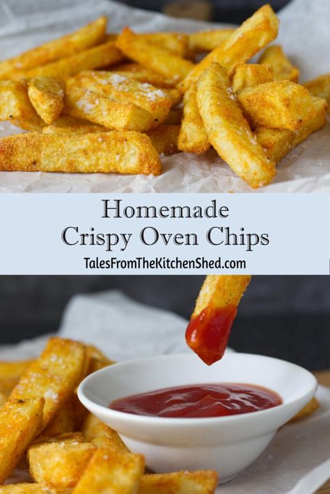 The Best Homemade Crispy Oven Chips - crunchy on the outside and fluffy on the inside. Quick and easy to make, so much better than ready made. Fed up with soggy chips ? No need to bother with a deep fat fryer, simply follow my recipe to get perfect crispy oven chips every time. Oven Chips Recipe, Home Made Crisps, British Chips Recipe, Homemade Chips Fried, Home Made Chips Air Fryer, Homemade Chips In Oven, Hot Chips Recipe, English Chips, Baked Chips Recipe