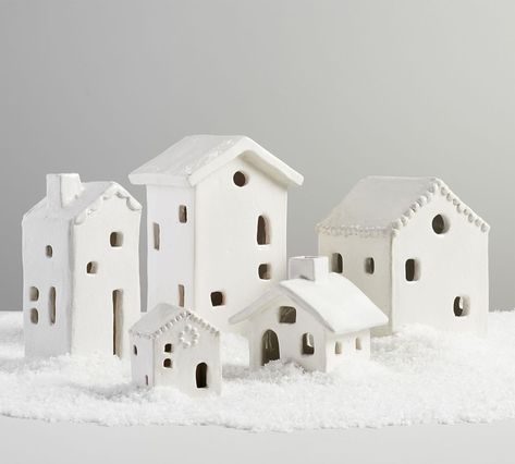 Clay Houses Buildings Ceramic Art, Christmas Village Pottery Barn, Ceramic Christmas Village, Pottery Barn Christmas, Pottery Houses, Christmas Village Houses, Clay Houses, Ceramic Houses, Ceramic Christmas