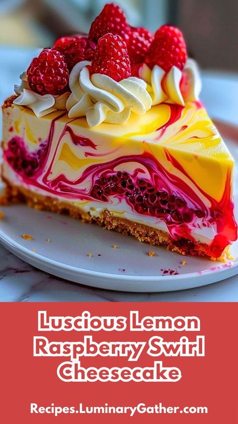 This vibrant, stunning, and delicious dessert is a showstopper with its luscious lemony filling, tangy raspberry swirls, and creamy cheesecake texture. Perfect for any occasion, this no-bake cheesecake is a flavorful delight with a buttery graham cracker crust that complements the sweet and tart flavors. The juicy raspberries and zesty lemon combine to create an unforgettable treat that looks as beautiful as it tastes. Cheesecake Decoration, Lemon Raspberry Cheesecake, Showstopper Dessert, Raspberry No Bake Cheesecake, Raspberry Swirl Cheesecake, Swirl Cheesecake, Elegant Desserts, Raspberry Cheesecake, Lemon Raspberry