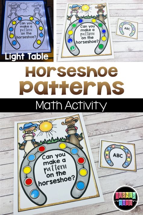 Build patterns on a horseshoe using translucent chips. Add in even more engagement by building them on the light table! Great math activity for your Wild West preschool theme! #activities for preschool #activity #activity for toddlers #preschool Western Theme For Preschool, Horse Math Activities For Preschool, Horse Theme Preschool, Western Day Preschool, Horses Preschool Activities, Preschool Cowboy Theme, Life On The Range Preschool Activities, Texas Theme Preschool Activities, Western Week Preschool