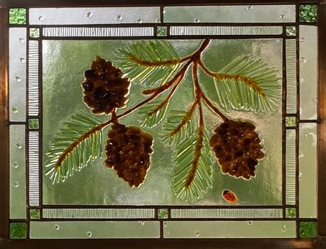 Small Botanical Hangings — Sunflower Glass Studio Metal Edging, Stained Glass Crafts, Pine Branch, Glass Studio, Copper Metal, Glass Texture, Pine Cone, Stained Glass Windows, Glass Crafts