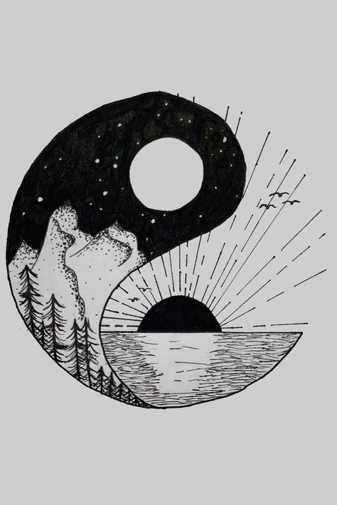 Yin Yang Mountain Tattoo, Ying Yang Tattoo Mountain, Yin Yang Artwork, Yin Yang Drawing Ideas, Ying And Yang Drawing, Yin And Yang Illustration, Ying Yang Sketch, Sun And Moon Ying Yang Tattoo, Yin Yang Art Drawings