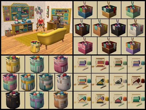 TheNinthWaveSims: The Sims 2 - The Sims 4 Nifty Knitting Odds and Ends for The Sims 2 Sims 4 Nifty Knitting Cc, Sims 4 Nifty Knitting, Curio Shop, Sims 4 Cottage, Basket Table, Craft Cart, Yarn Basket, Hobby Craft, Bookmark Printing