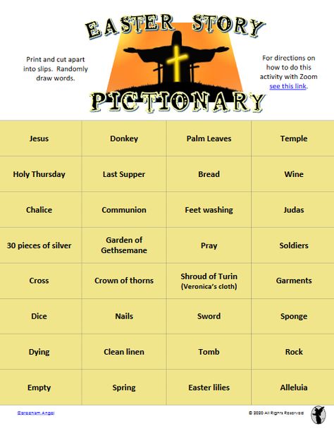 Easter Story Pictionary Game for Zoom Faith Formation - Catechism Angel | Free Resources Easter Pictionary Words, Easter Pictionary, Pictionary Words, Zoom Activities, Holy Thursday, Garden Of Gethsemane, Easter Games, Easter Story, Clean Linen