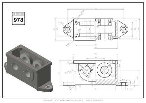 3D CAD EXERCISES 978 - STUDYCADCAM Creo Design Models, 3d Cad Exercises, Autocad Plan, Drawing Mechanical, Isometric Sketch, Cad Cam Design, 3d Geometry, Autocad Tutorial, Mechanical Engineering Design