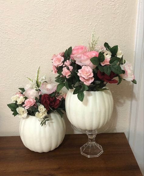 White pumpkin centerpieces used for baby girl shower with “pumpkin on the way” theme Pumpkin Baby Shower Theme Girl Centerpieces, Pink Pumpkin 1st Birthday Centerpieces, Little Punkin Baby Shower Ideas Girl, Pumpkin Bsby Shower Floral Table Runner, My Little Punkin Baby Shower, White Pumpkin Centerpieces, Baby Girl Shower Themes, Pumpkin Centerpieces, Shower Centerpieces