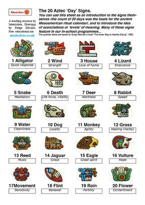 Mexicolore’s (revised) Aztec Calendar Daysigns info sheet Aztec Calendar Symbols, Toltec Symbols, Month Symbols, Mayan Glyphs, Aztec Symbols, Mayan Tattoos, Mexican Art Tattoos, Mayan Symbols, Cardinal Directions