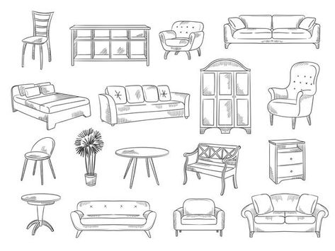 Drawing Furniture Interior Design, Living Room Drawing Sketch, Drawing Of Living Room, Furniture Doodle, Drawing Of Furniture, Room Doodle, Living Room Sketch, Sketch Furniture, Room Sketch