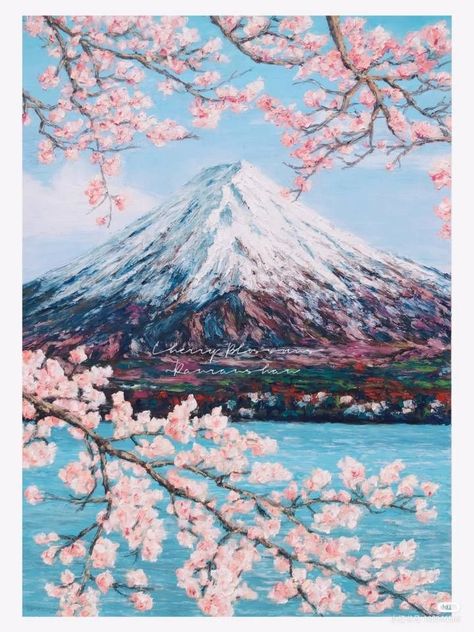 Sakura Painting, Ocean Art Painting, Japan Landscape, Dream Painting, Beautiful Art Paintings, Gouache Art, Cottage Art, Canvas Painting Diy, Art N Craft