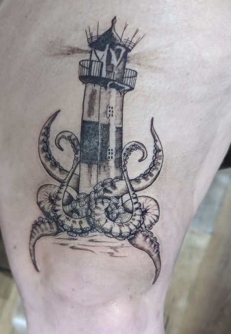 Lighthouse Kraken, Eldritch God, Lighthouse Tattoo, Water Tattoo, Stick N Poke, Cthulhu, Kraken, Tattoos And Piercings, Lighthouse