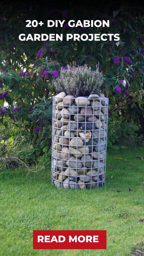 20+ DIY Gabion Garden Projects Diy Gabion Stand For Plants, Gabion Plant Stand, Diy Gabion Cage, Gabion Seating, Gabion Garden Ideas, Diy Gabion, Gabion Garden, Rock Tower, Rock Fence