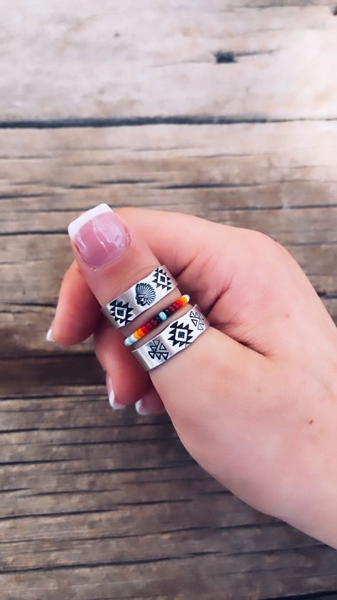 These stamp bands come with this free turquoise beaded ring. Ring is aluminum. Made to order. Country Jewelry Rings, Western Style Rings, Turquoise Rings Western, Western Rings Simple, Western Beaded Rings, Wrstern Rings, Cowgirl Accessories Rings, Metal Stamped Rings, Stamped Rings Ideas Western